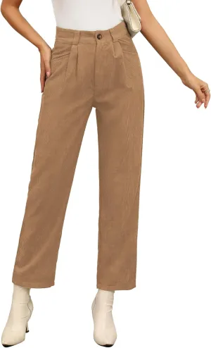 Womens Corduroy Pants High Waist Straight Leg Casual Pants with Pockets Slim Fit Trousers