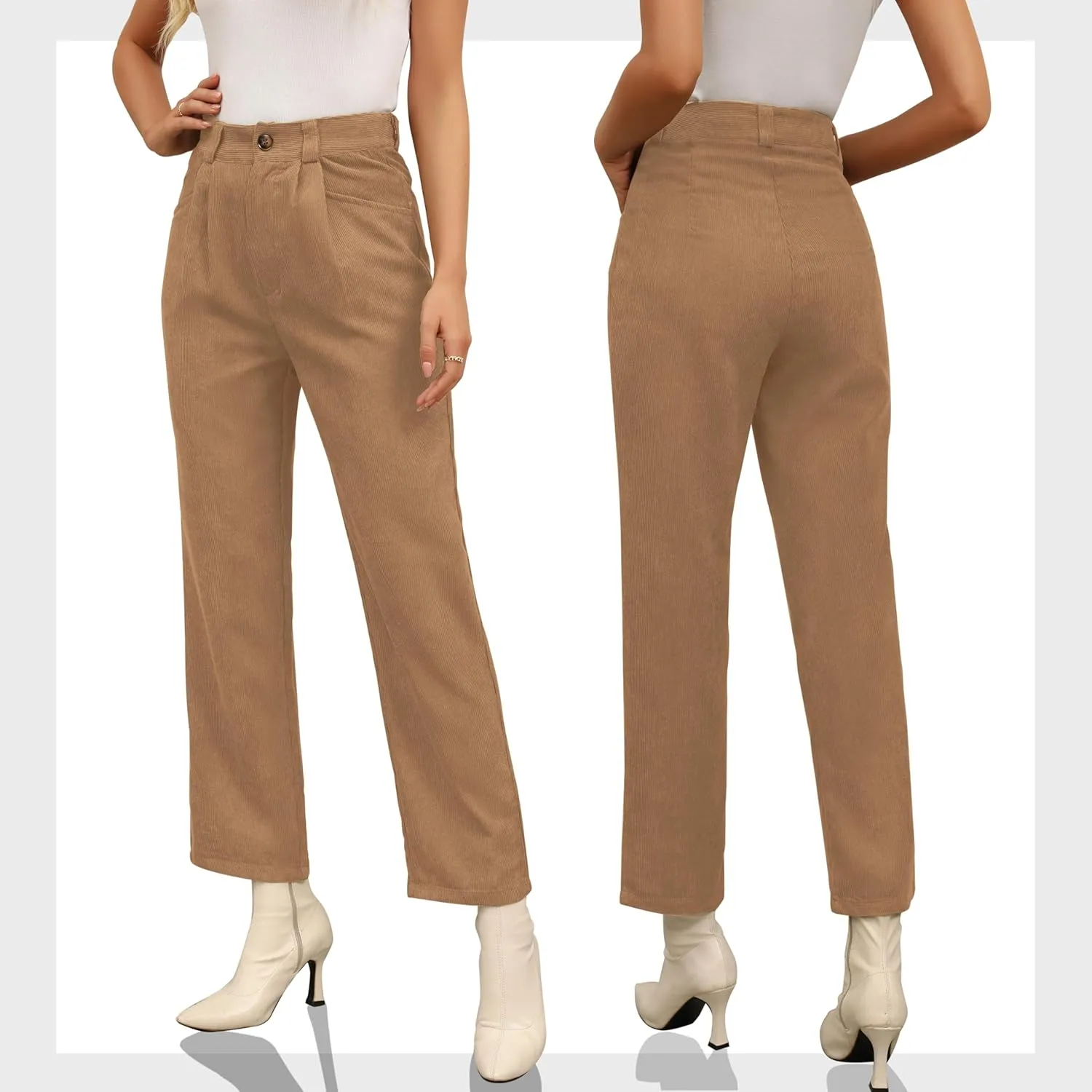 Womens Corduroy Pants High Waist Straight Leg Casual Pants with Pockets Slim Fit Trousers