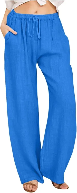 Women's Cotton Linen Pants,Summer Wide Leg Casual Loose Drawstring High Waist Palazzo Pants Trousers with Pockets