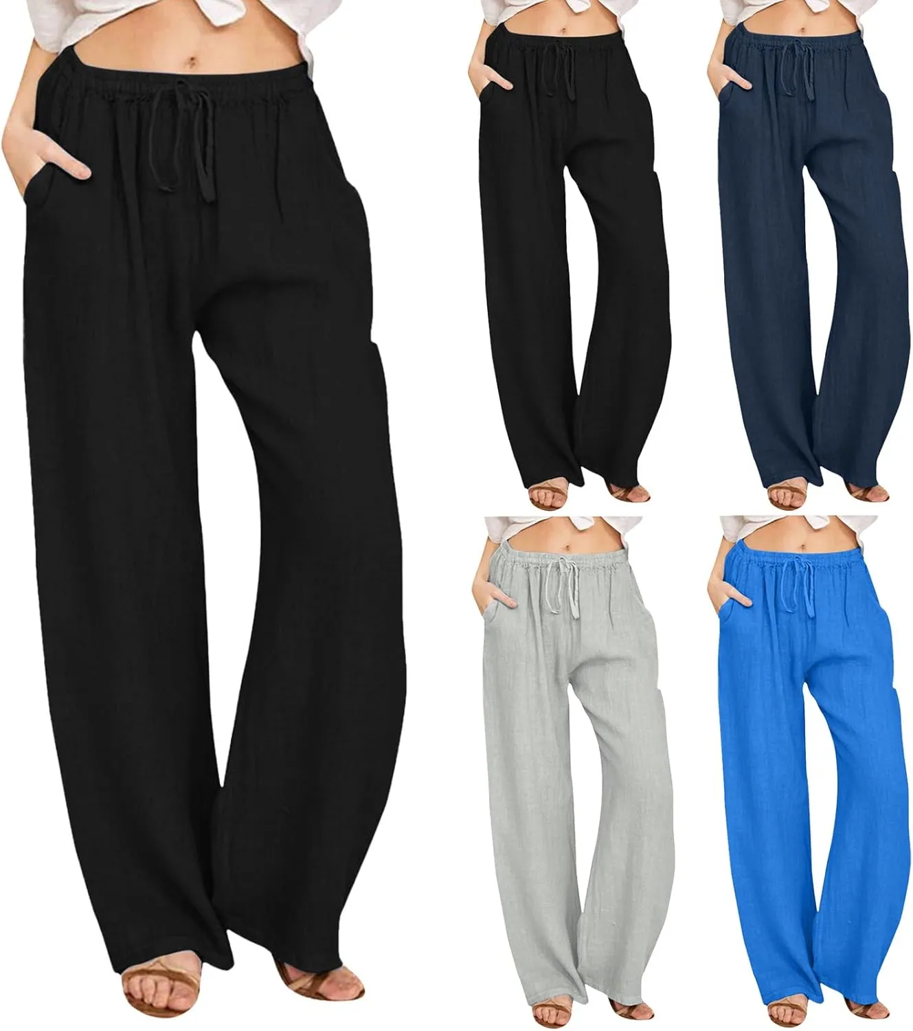Women's Cotton Linen Pants,Summer Wide Leg Casual Loose Drawstring High Waist Palazzo Pants Trousers with Pockets