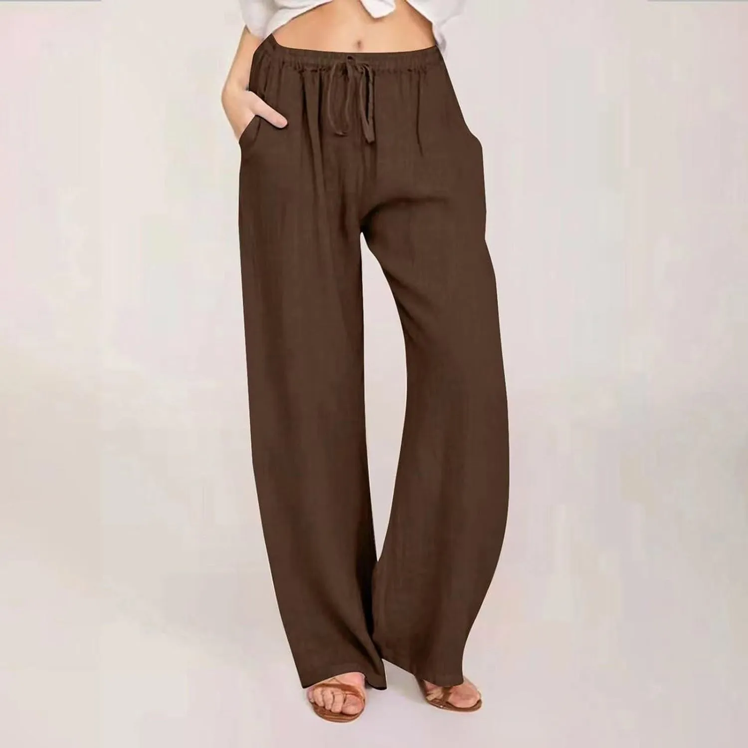 Women's Cotton Linen Pants,Summer Wide Leg Casual Loose Drawstring High Waist Palazzo Pants Trousers with Pockets