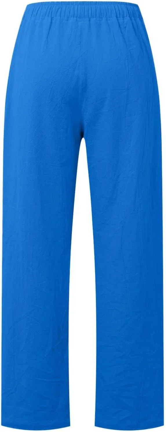 Women's Cotton Linen Pants,Summer Wide Leg Casual Loose Drawstring High Waist Palazzo Pants Trousers with Pockets