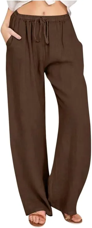 Women's Cotton Linen Pants,Summer Wide Leg Casual Loose Drawstring High Waist Palazzo Pants Trousers with Pockets