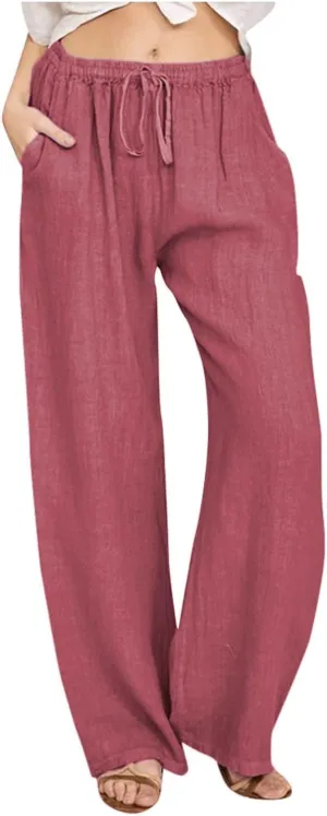 Women's Cotton Linen Pants,Summer Wide Leg Casual Loose Drawstring High Waist Palazzo Pants Trousers with Pockets