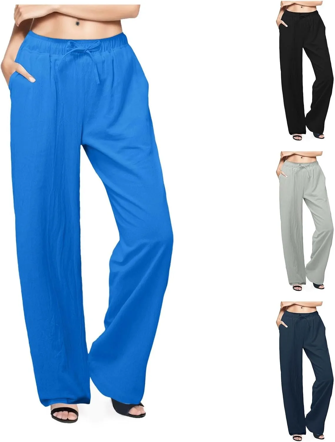 Women's Cotton Linen Pants,Summer Wide Leg Casual Loose Drawstring High Waist Palazzo Pants Trousers with Pockets
