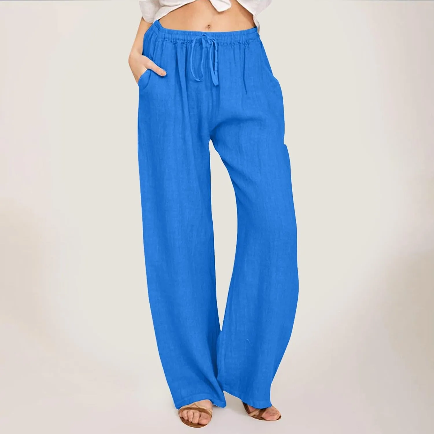 Women's Cotton Linen Pants,Summer Wide Leg Casual Loose Drawstring High Waist Palazzo Pants Trousers with Pockets