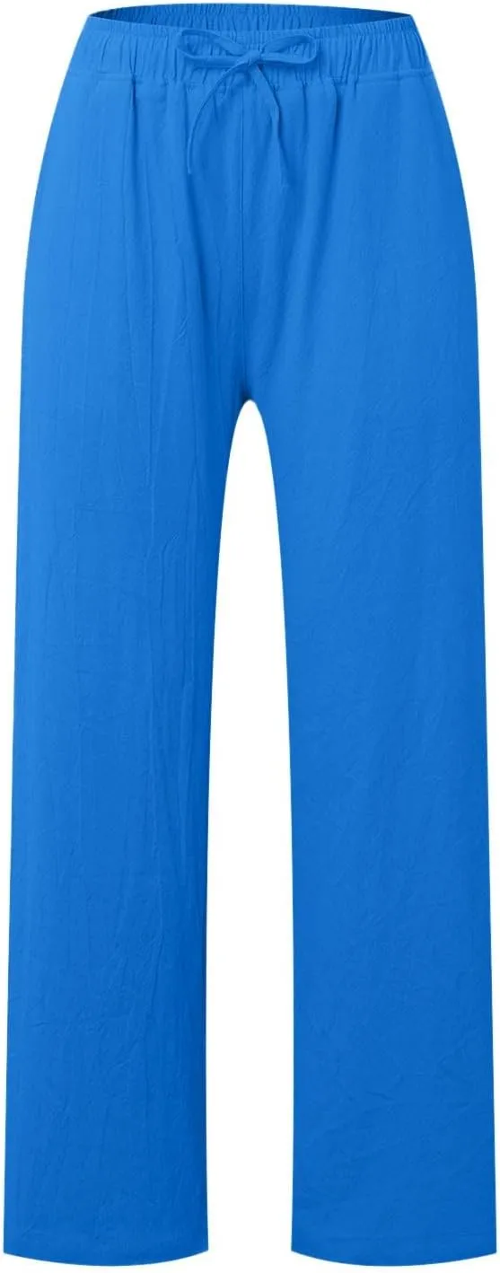 Women's Cotton Linen Pants,Summer Wide Leg Casual Loose Drawstring High Waist Palazzo Pants Trousers with Pockets
