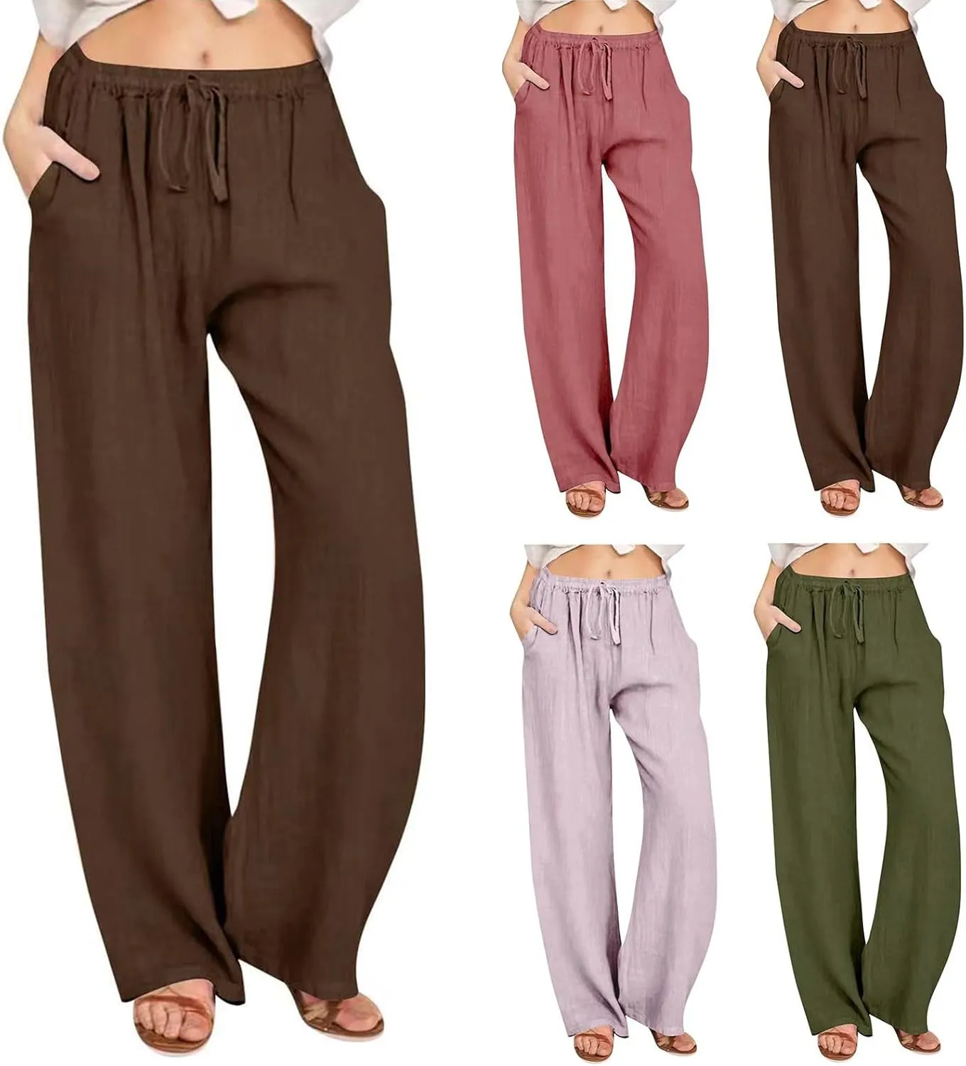Women's Cotton Linen Pants,Summer Wide Leg Casual Loose Drawstring High Waist Palazzo Pants Trousers with Pockets