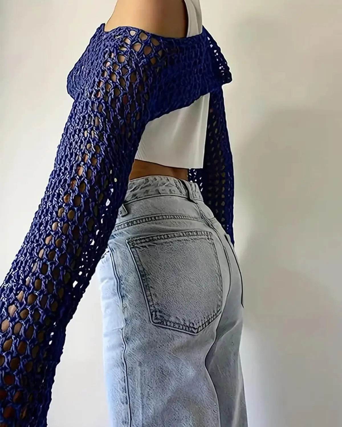 Womens Crochet Crop Tops Y2k Knit Shrug Sweater Hollow Out Long Sleeve Bikini See Through Cover Ups