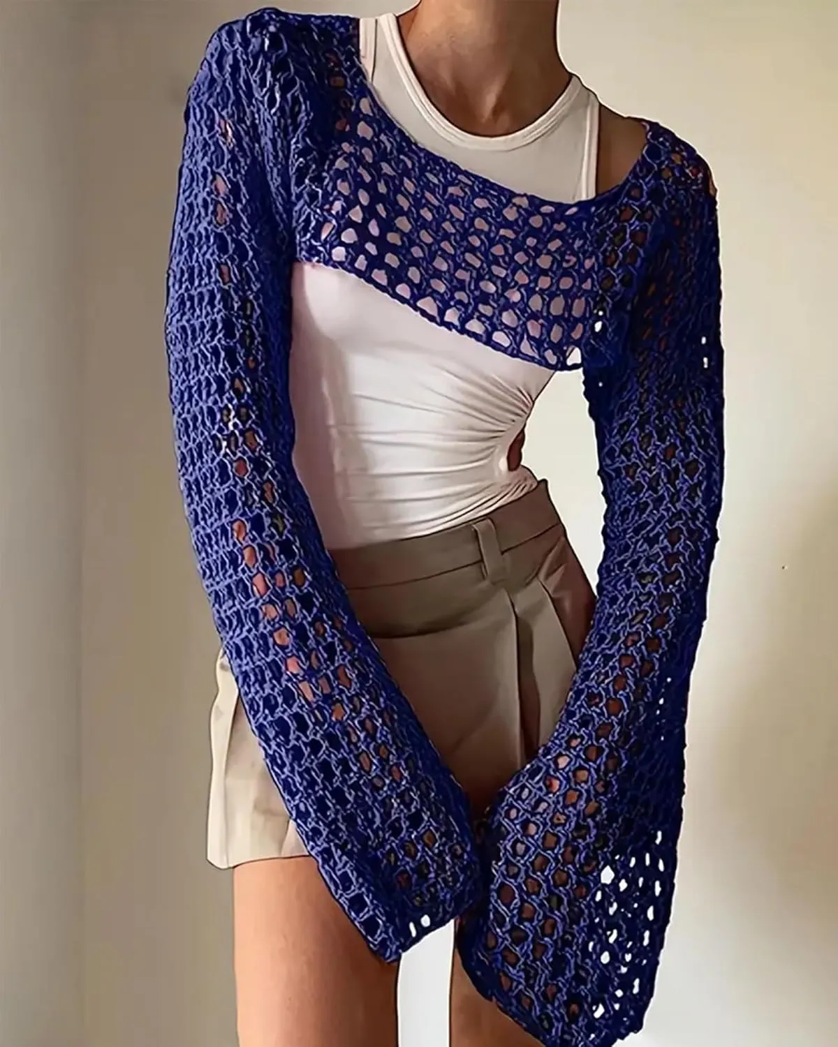 Womens Crochet Crop Tops Y2k Knit Shrug Sweater Hollow Out Long Sleeve Bikini See Through Cover Ups