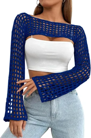 Womens Crochet Crop Tops Y2k Knit Shrug Sweater Hollow Out Long Sleeve Bikini See Through Cover Ups