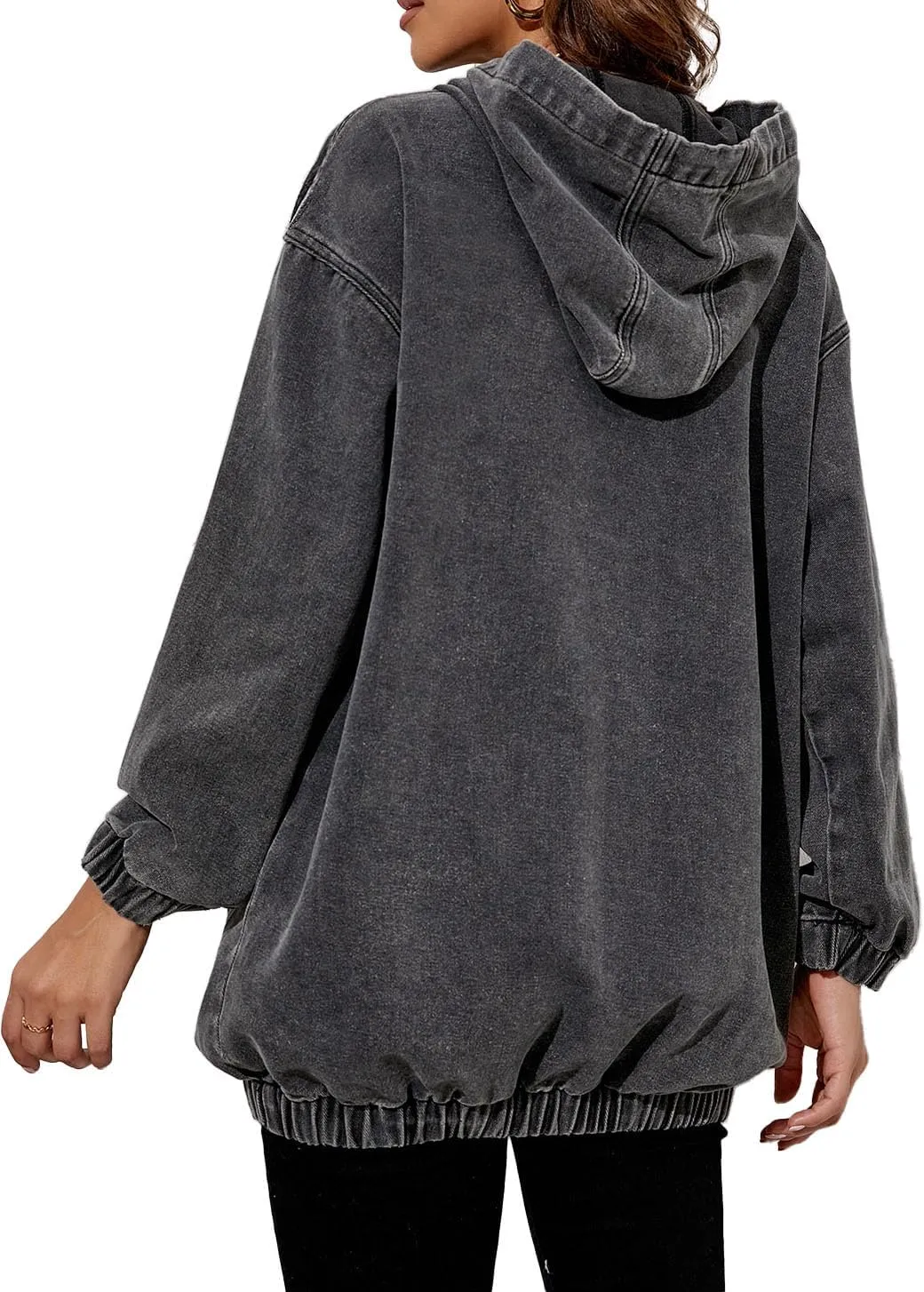 Women's Denim Hoodie Long Sleeve Pullover Sweatshirt Jean Jacket with Pocket
