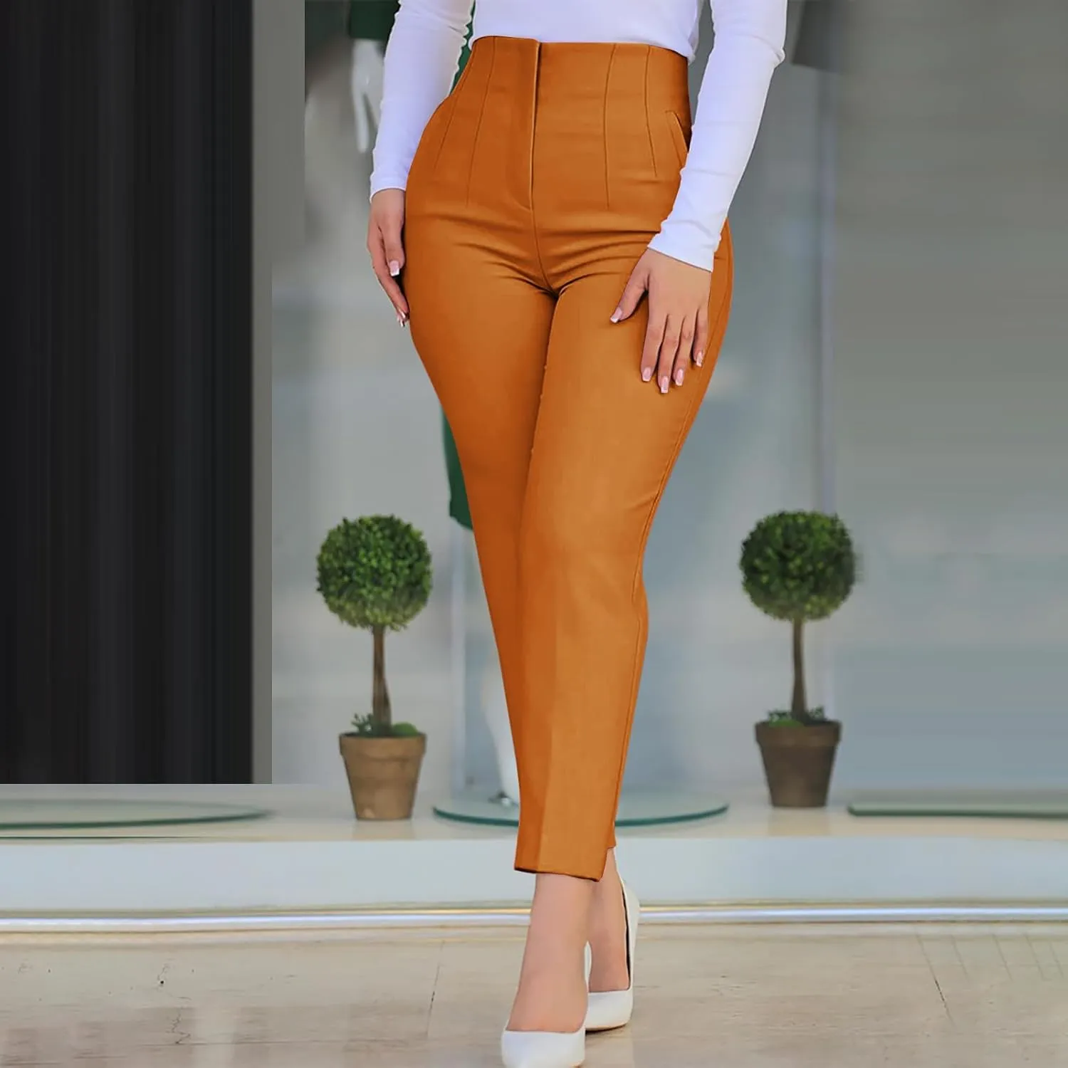 Womens Dress Pants for Work Stretchy High Waist Pleated Tapered Pant Slim Fit Office Business Trousers with Pockets