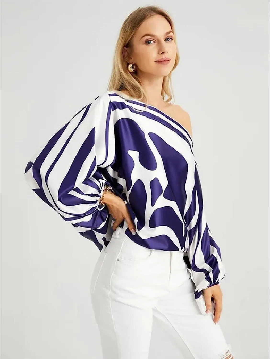 Womens Fall Loose 2 Piece Outfits Off Shoulder Printed Long Sleeve Casual Going Out Wide Leg Pants Set