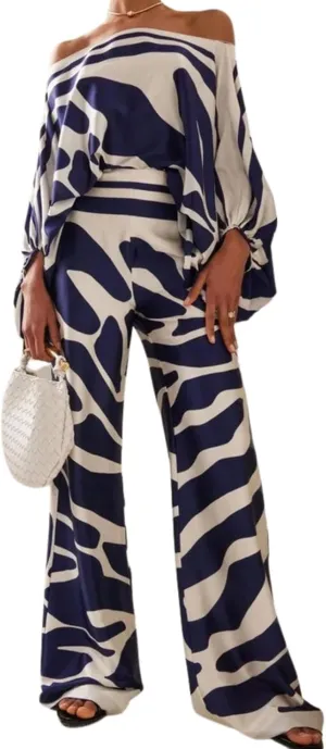Womens Fall Loose 2 Piece Outfits Off Shoulder Printed Long Sleeve Casual Going Out Wide Leg Pants Set