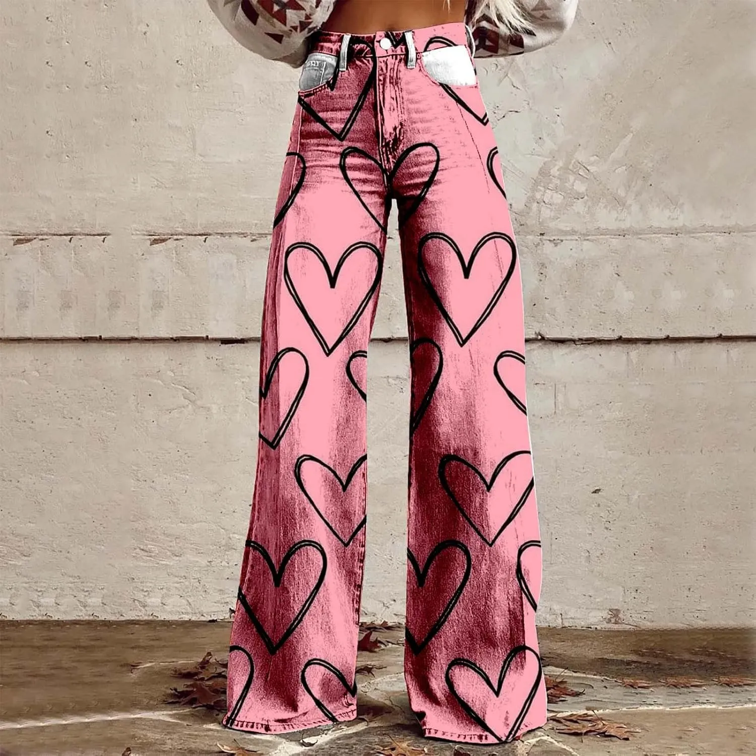 Womens Fashion Trousers Wide Leg High Waist Button Down Loose Cute Printed Long Trousers Going Out Party Stretch Pants