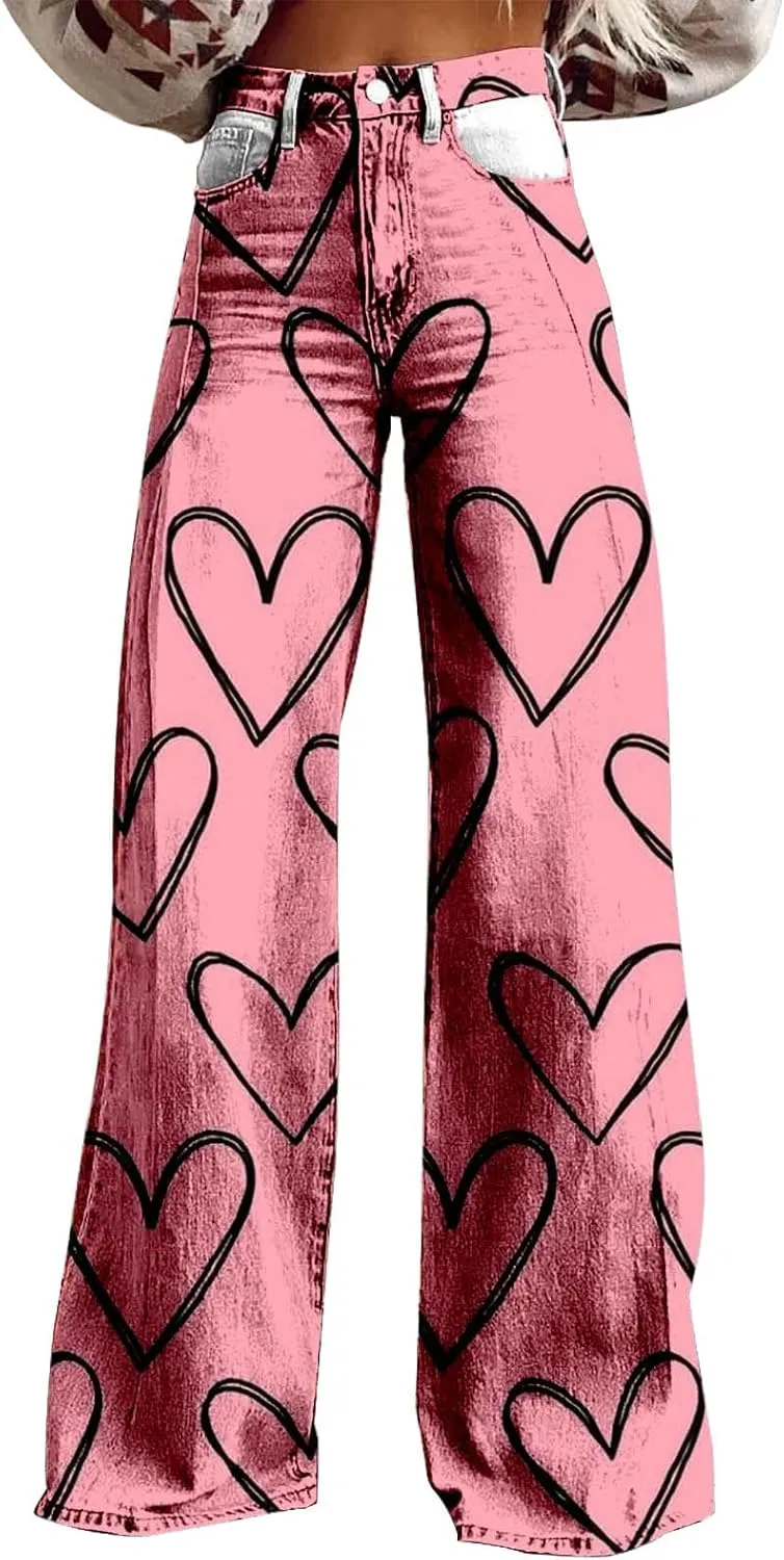 Womens Fashion Trousers Wide Leg High Waist Button Down Loose Cute Printed Long Trousers Going Out Party Stretch Pants