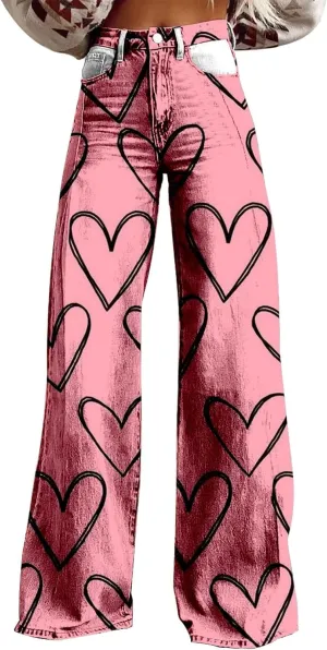 Womens Fashion Trousers Wide Leg High Waist Button Down Loose Cute Printed Long Trousers Going Out Party Stretch Pants