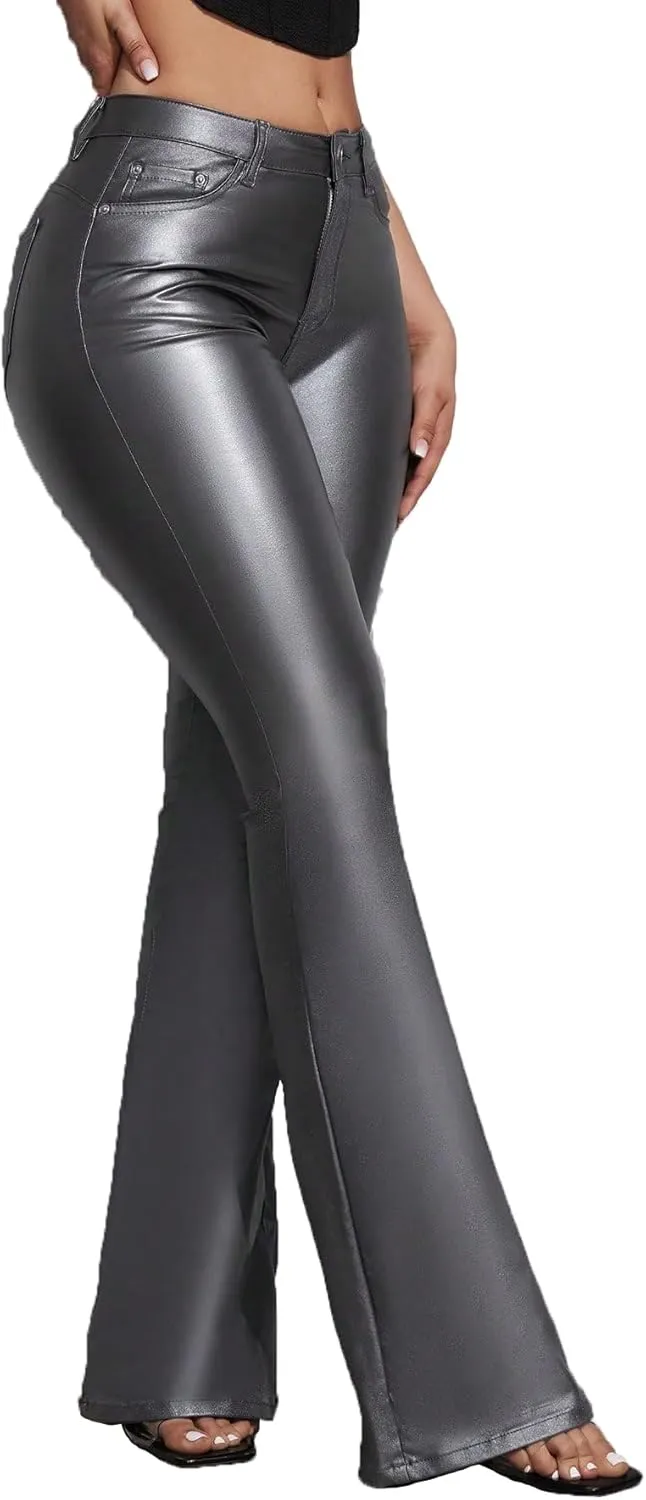Women's Faux Leather Coated Flare Pants Mid Waist PU Skinny Black Leggings Bell Bottom Pants with Pockets