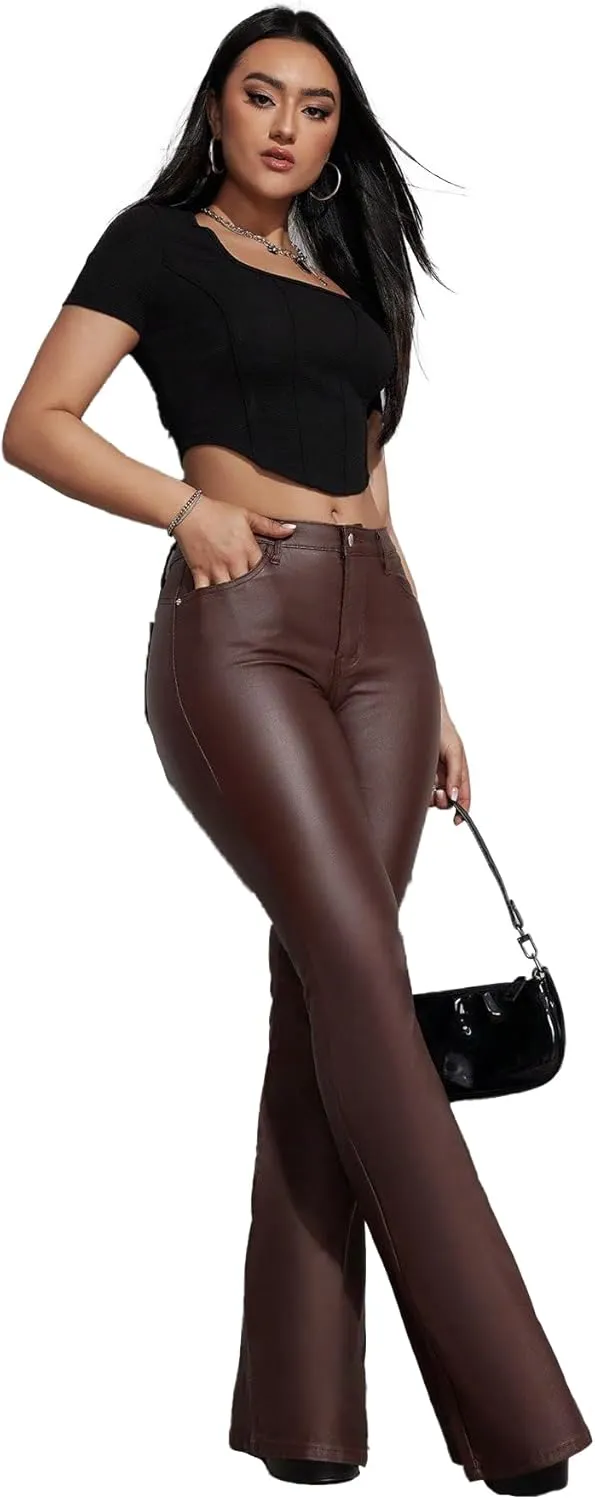 Women's Faux Leather Coated Flare Pants Mid Waist PU Skinny Black Leggings Bell Bottom Pants with Pockets