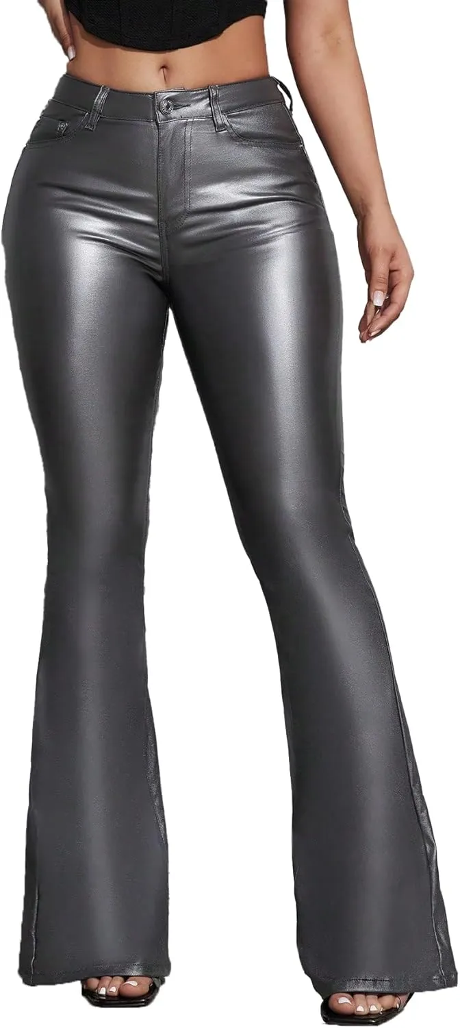 Women's Faux Leather Coated Flare Pants Mid Waist PU Skinny Black Leggings Bell Bottom Pants with Pockets