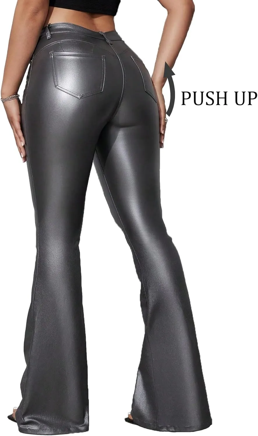 Women's Faux Leather Coated Flare Pants Mid Waist PU Skinny Black Leggings Bell Bottom Pants with Pockets