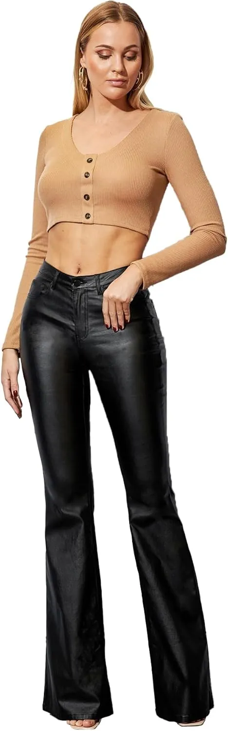 Women's Faux Leather Coated Flare Pants Mid Waist PU Skinny Black Leggings Bell Bottom Pants with Pockets