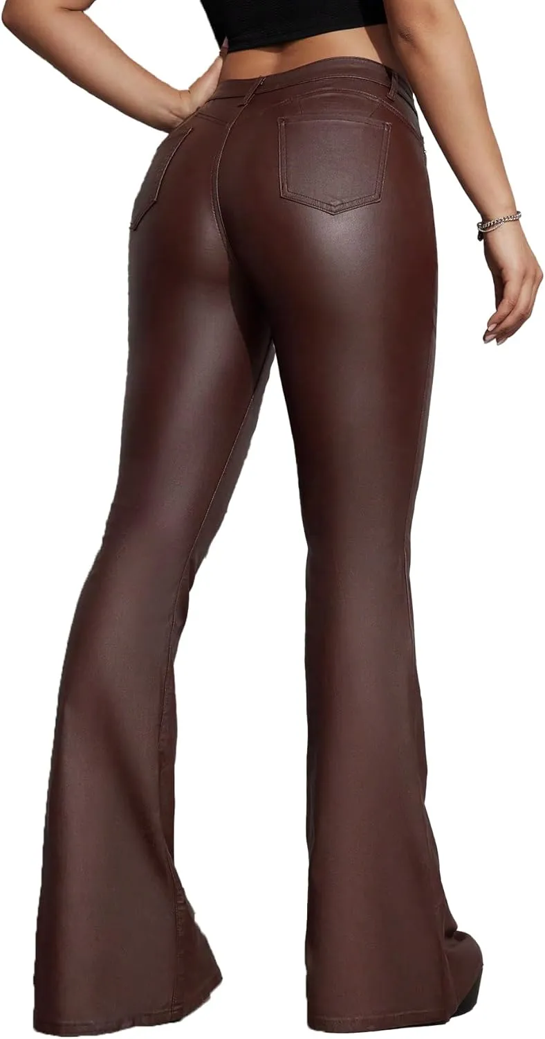 Women's Faux Leather Coated Flare Pants Mid Waist PU Skinny Black Leggings Bell Bottom Pants with Pockets