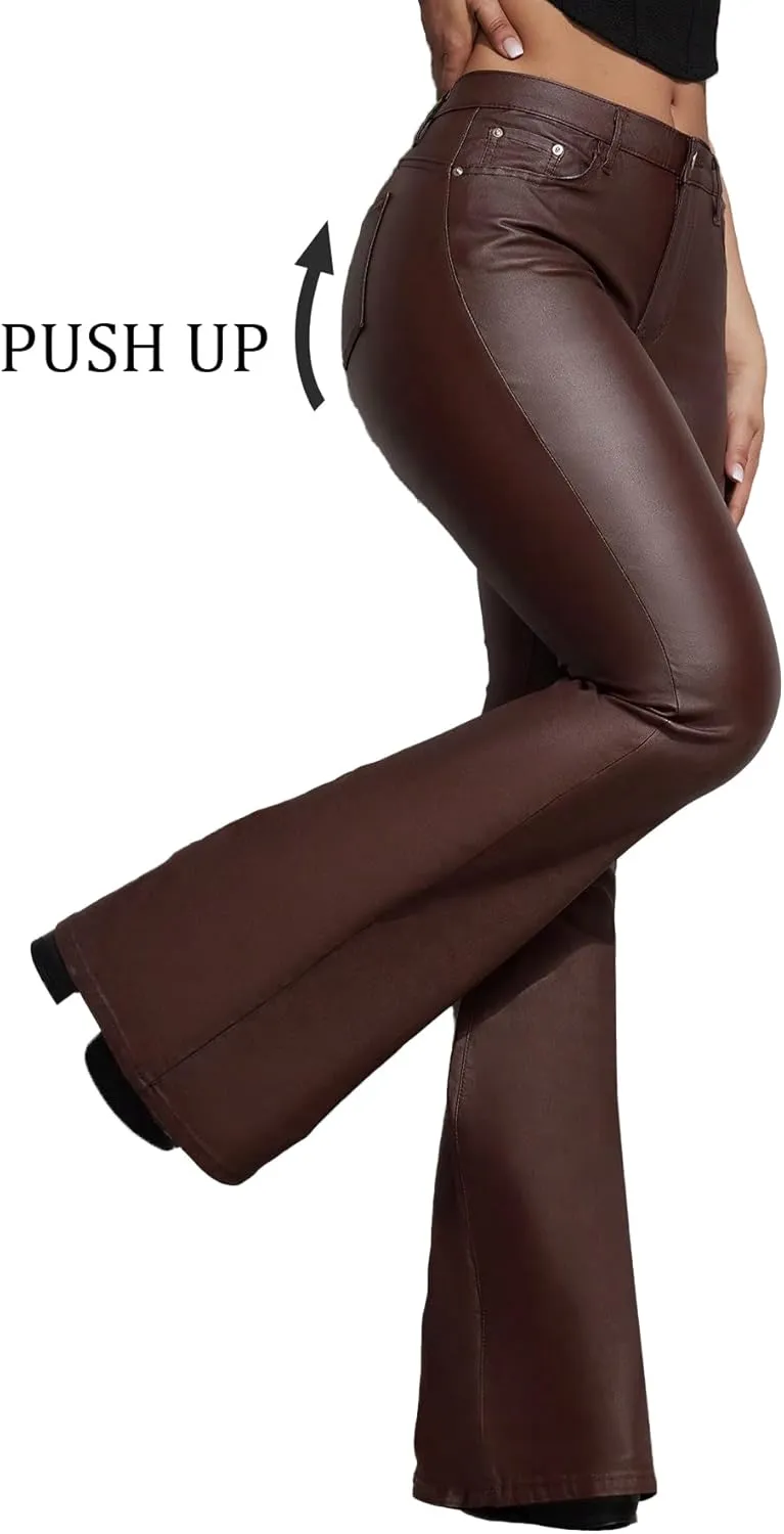Women's Faux Leather Coated Flare Pants Mid Waist PU Skinny Black Leggings Bell Bottom Pants with Pockets
