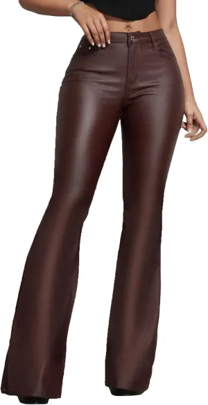 Women's Faux Leather Coated Flare Pants Mid Waist PU Skinny Black Leggings Bell Bottom Pants with Pockets