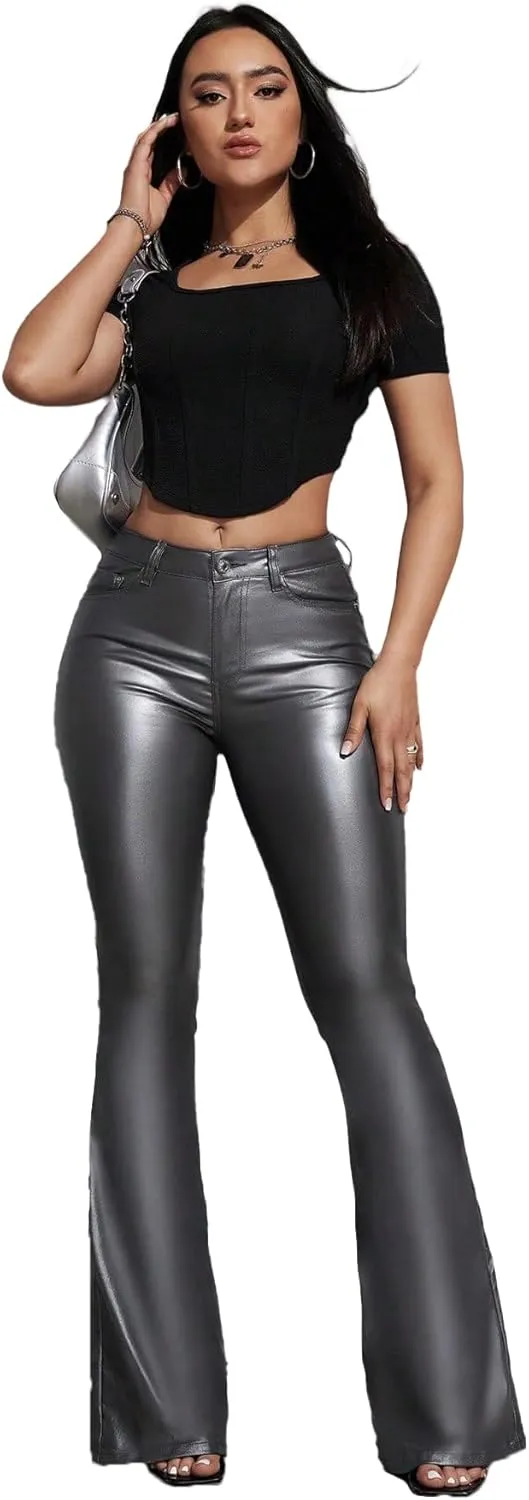 Women's Faux Leather Coated Flare Pants Mid Waist PU Skinny Black Leggings Bell Bottom Pants with Pockets