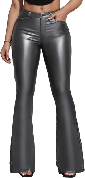 Women's Faux Leather Coated Flare Pants Mid Waist PU Skinny Black Leggings Bell Bottom Pants with Pockets