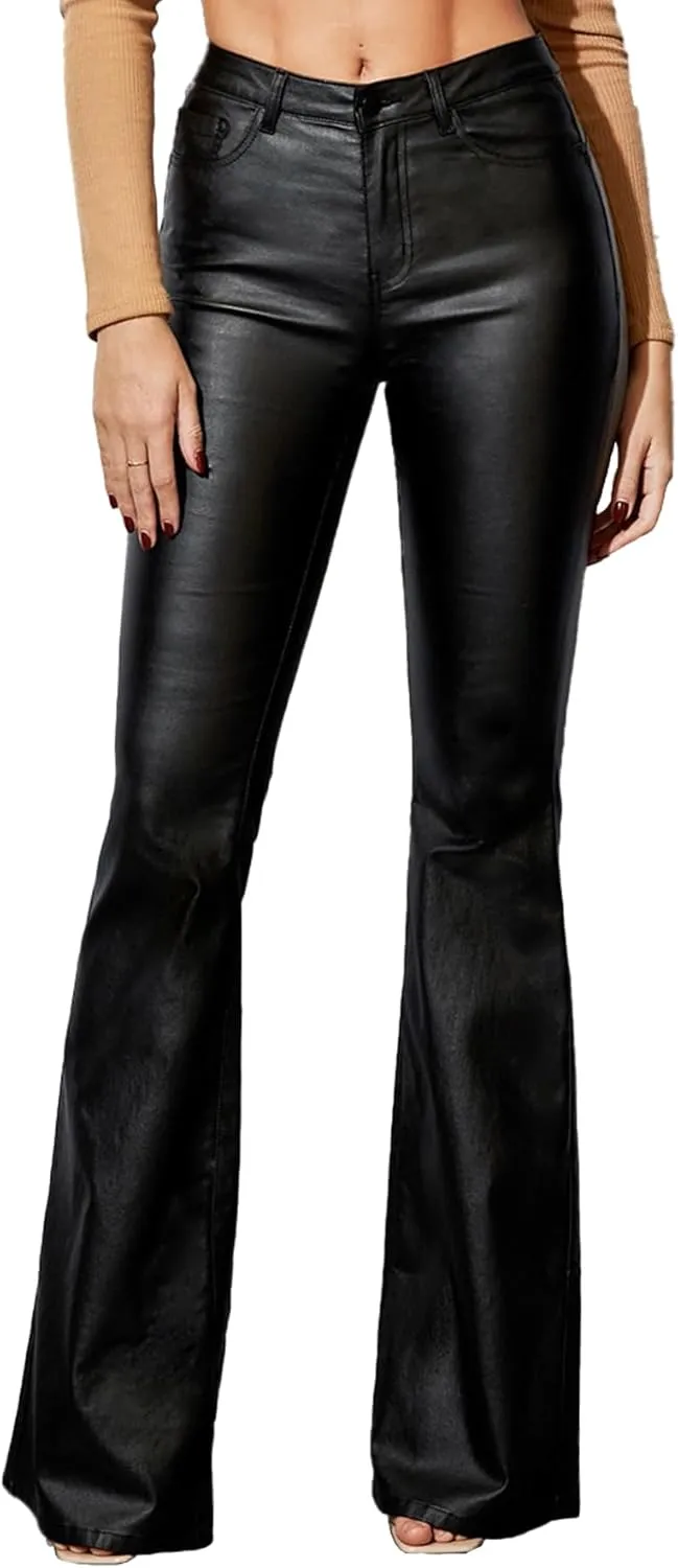 Women's Faux Leather Coated Flare Pants Mid Waist PU Skinny Black Leggings Bell Bottom Pants with Pockets