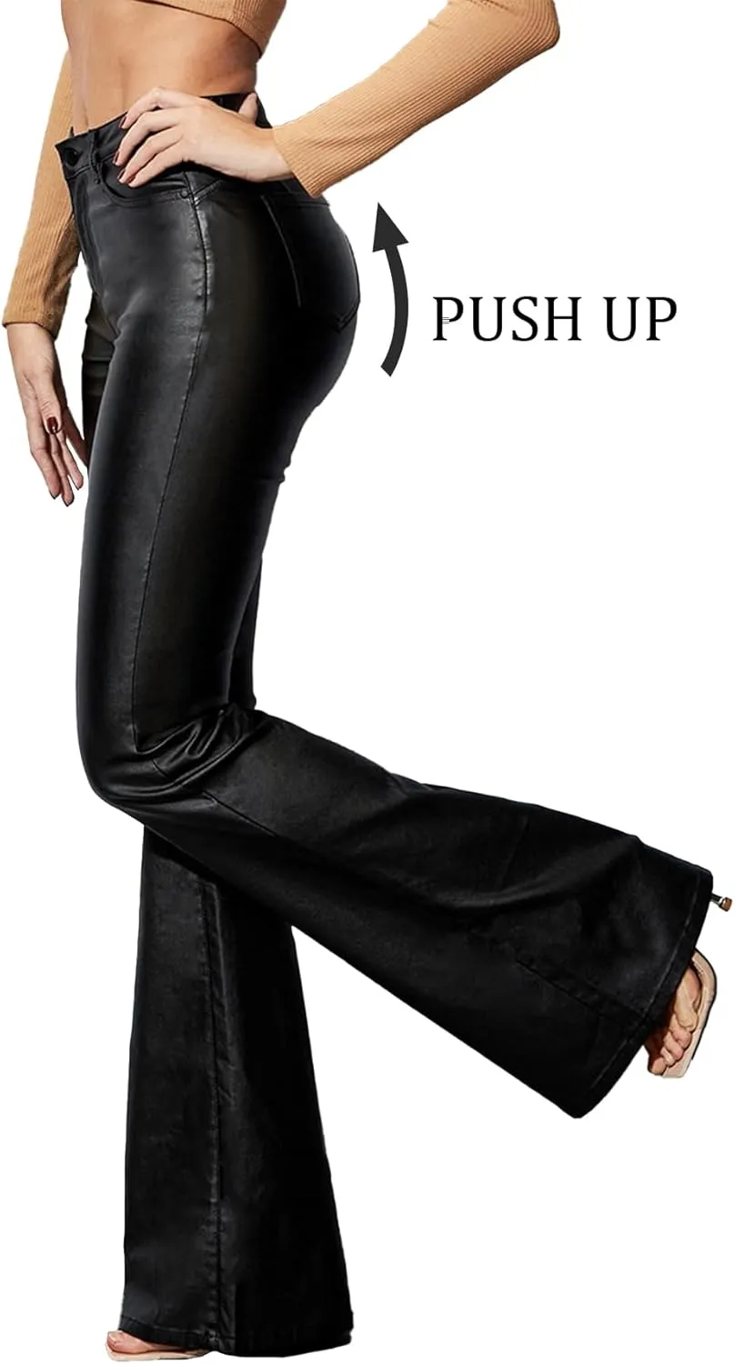 Women's Faux Leather Coated Flare Pants Mid Waist PU Skinny Black Leggings Bell Bottom Pants with Pockets