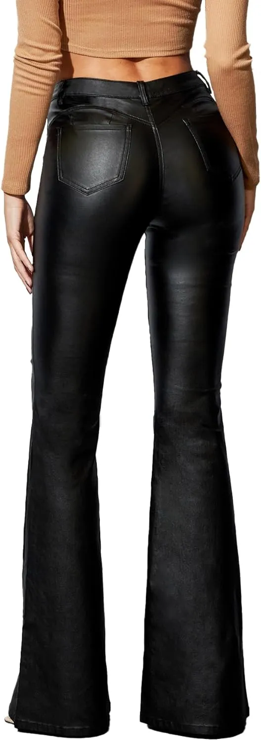Women's Faux Leather Coated Flare Pants Mid Waist PU Skinny Black Leggings Bell Bottom Pants with Pockets