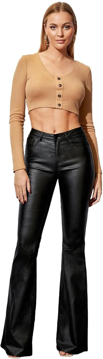 Women's Faux Leather Coated Flare Pants Mid Waist PU Skinny Black Leggings Bell Bottom Pants with Pockets