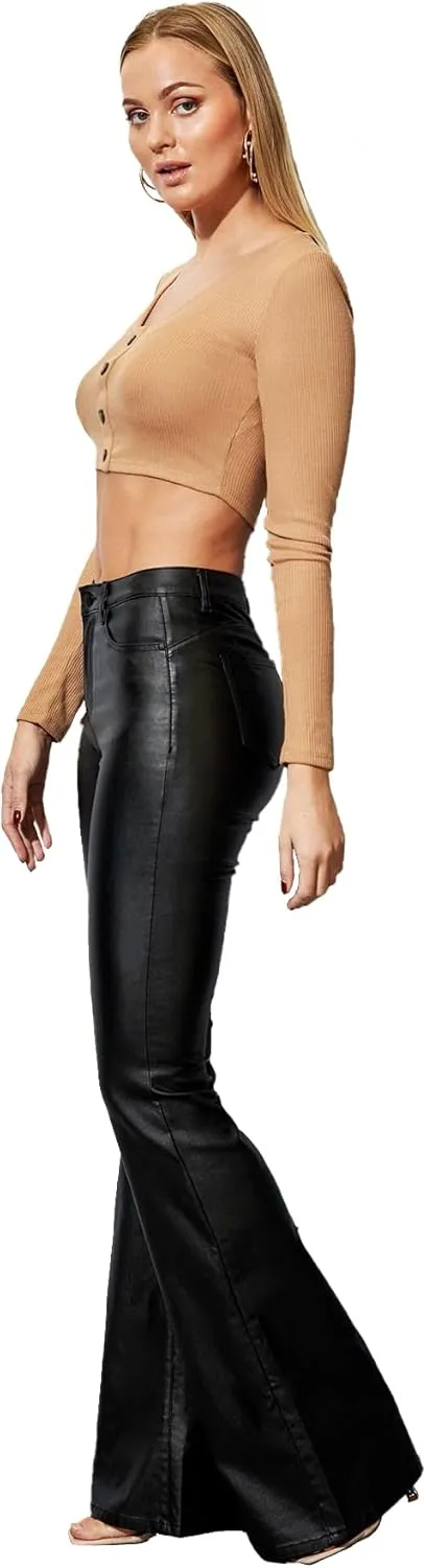 Women's Faux Leather Coated Flare Pants Mid Waist PU Skinny Black Leggings Bell Bottom Pants with Pockets
