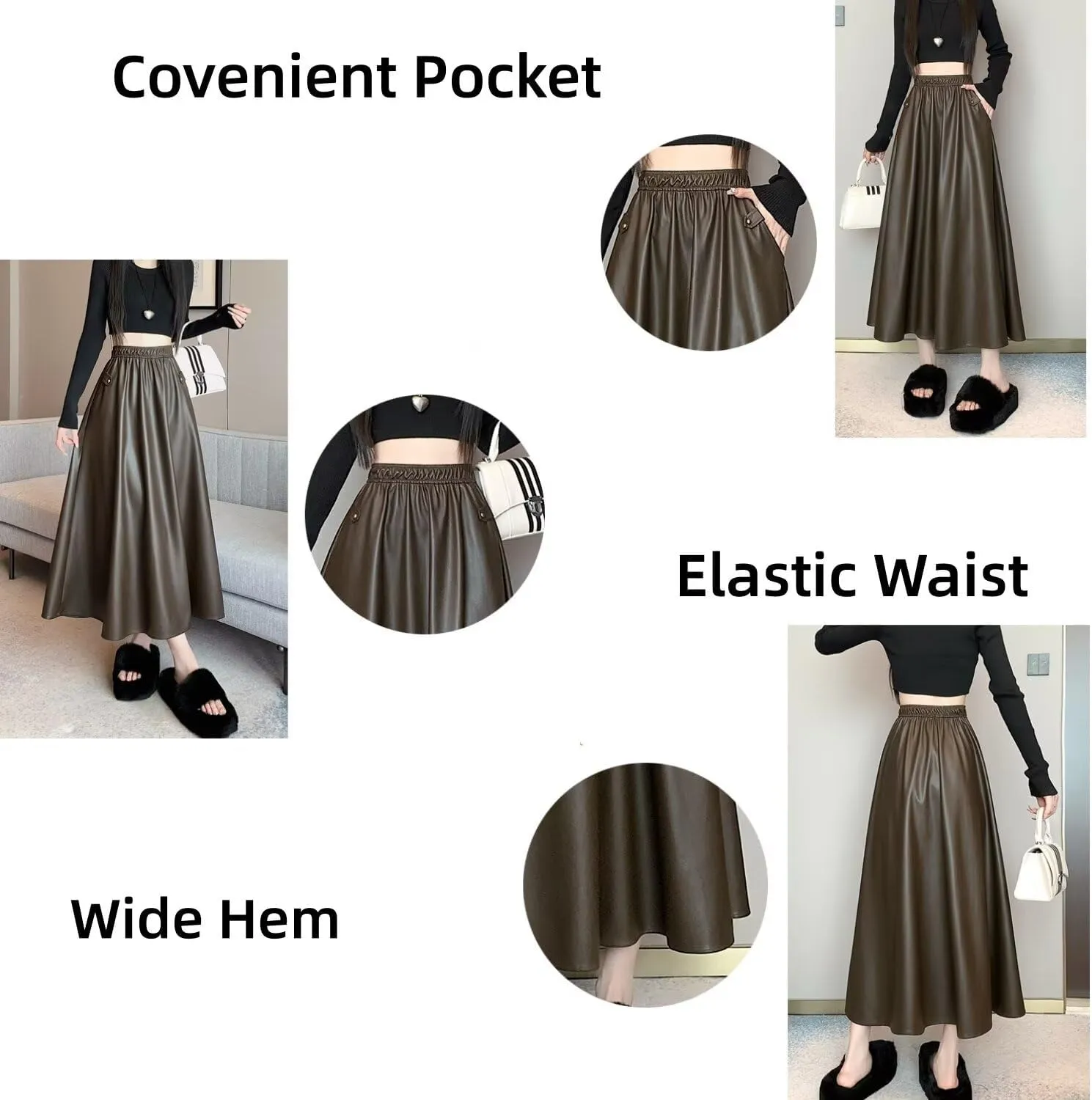Women's Faux Leather Skirt Retro High Waisted Pleated Vintage Long A-line Midi Skirts with Pockets