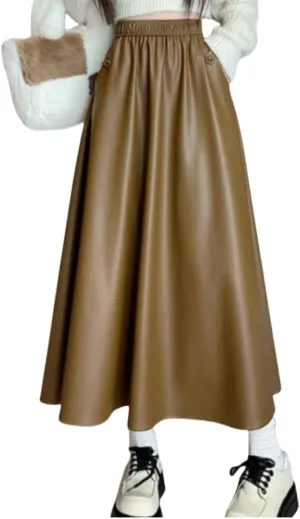 Women's Faux Leather Skirt Retro High Waisted Pleated Vintage Long A-line Midi Skirts with Pockets