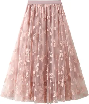 Womens Floral Tulle Fairy Midi Skirts Casual High Waisted A Line Pleated Flowy Flared Skirt