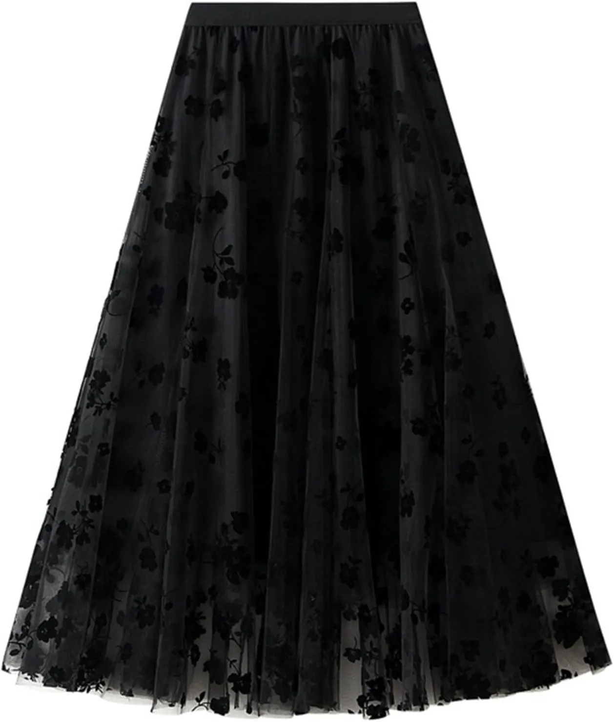 Womens Floral Tulle Fairy Midi Skirts Casual High Waisted A Line Pleated Flowy Flared Skirt