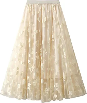Womens Floral Tulle Fairy Midi Skirts Casual High Waisted A Line Pleated Flowy Flared Skirt