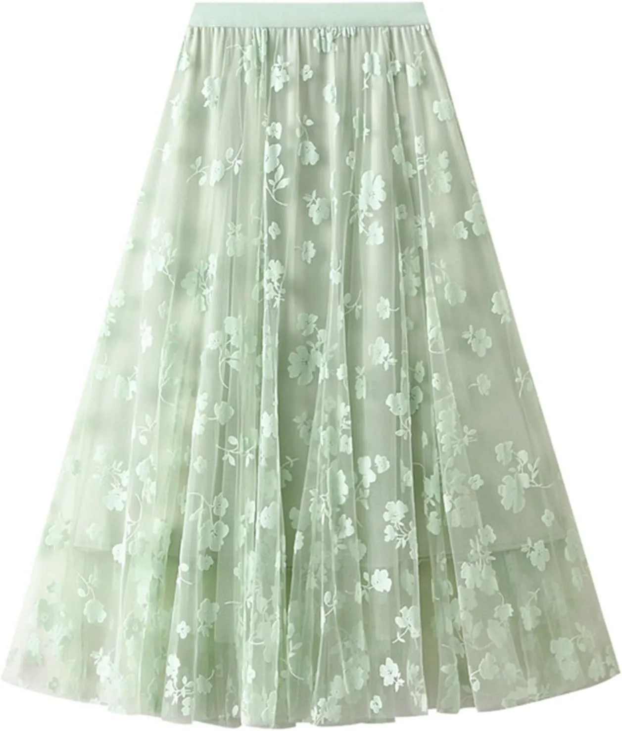 Womens Floral Tulle Fairy Midi Skirts Casual High Waisted A Line Pleated Flowy Flared Skirt