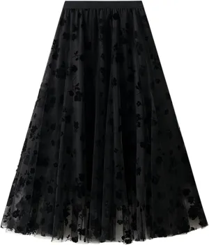 Womens Floral Tulle Fairy Midi Skirts Casual High Waisted A Line Pleated Flowy Flared Skirt