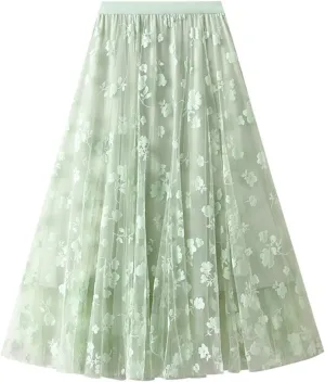 Womens Floral Tulle Fairy Midi Skirts Casual High Waisted A Line Pleated Flowy Flared Skirt