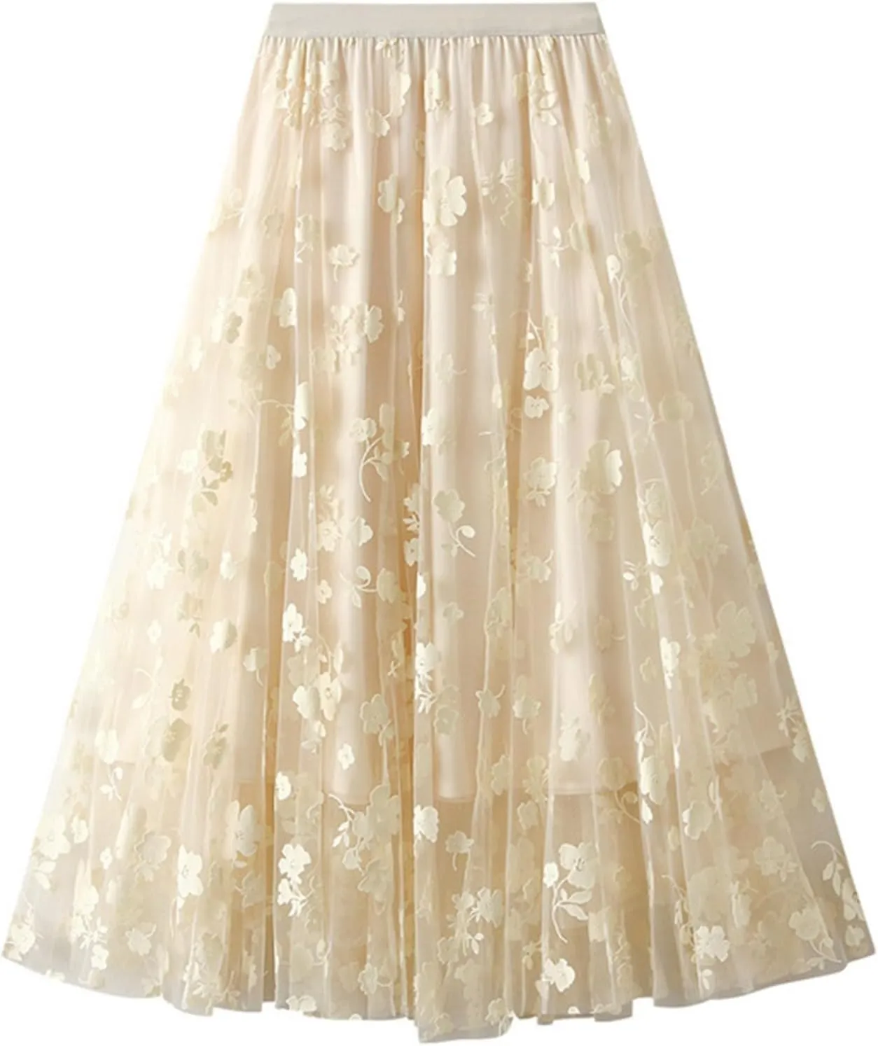 Womens Floral Tulle Fairy Midi Skirts Casual High Waisted A Line Pleated Flowy Flared Skirt