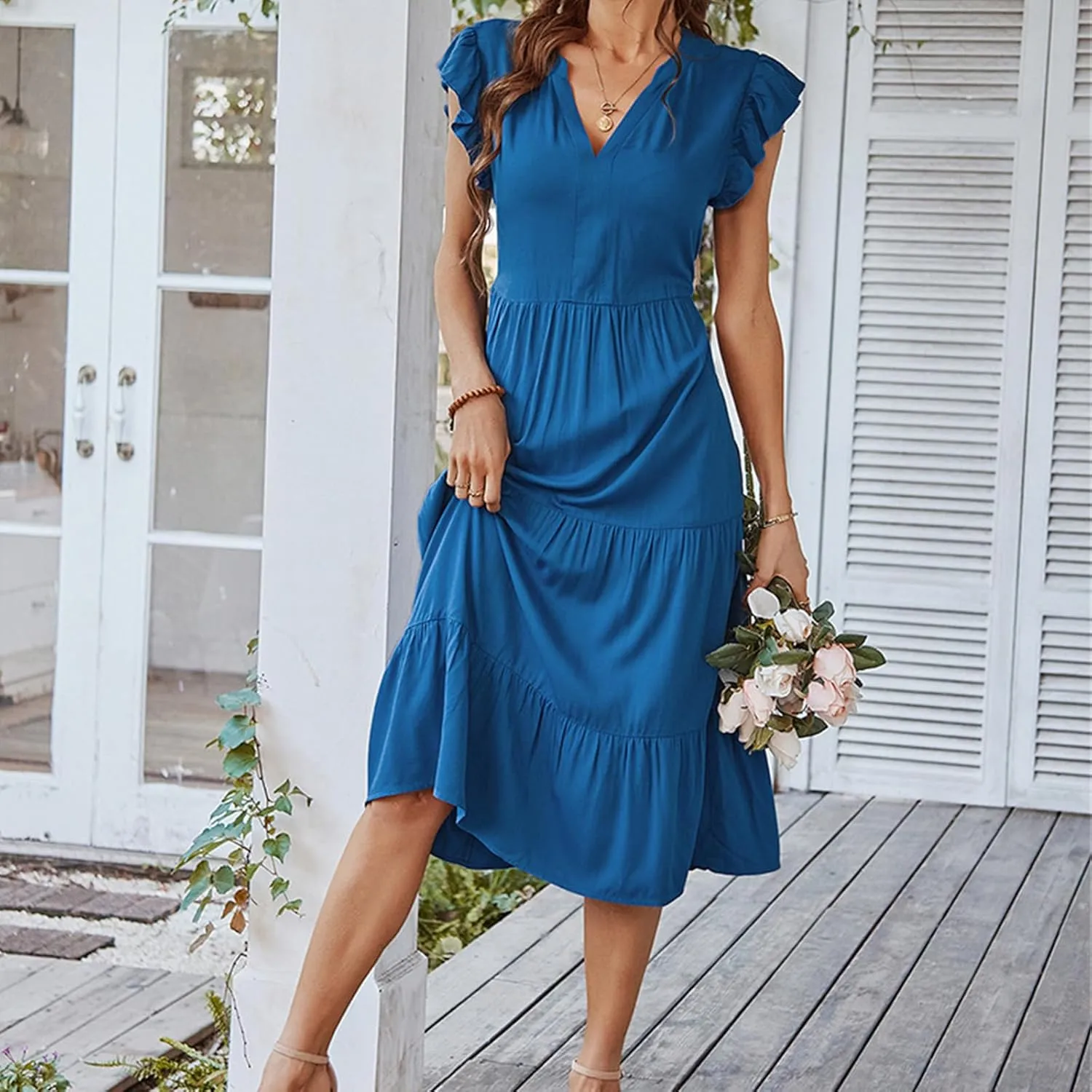 Women's Flowy Midi Dress Summer Loose Casual Long Skirt Solid Color V-Neck Lotus Sleeve Date Night Outfit Comfy Dress