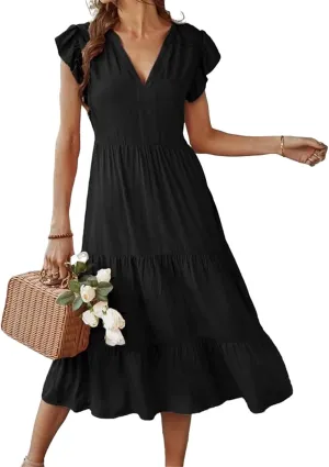 Women's Flowy Midi Dress Summer Loose Casual Long Skirt Solid Color V-Neck Lotus Sleeve Date Night Outfit Comfy Dress