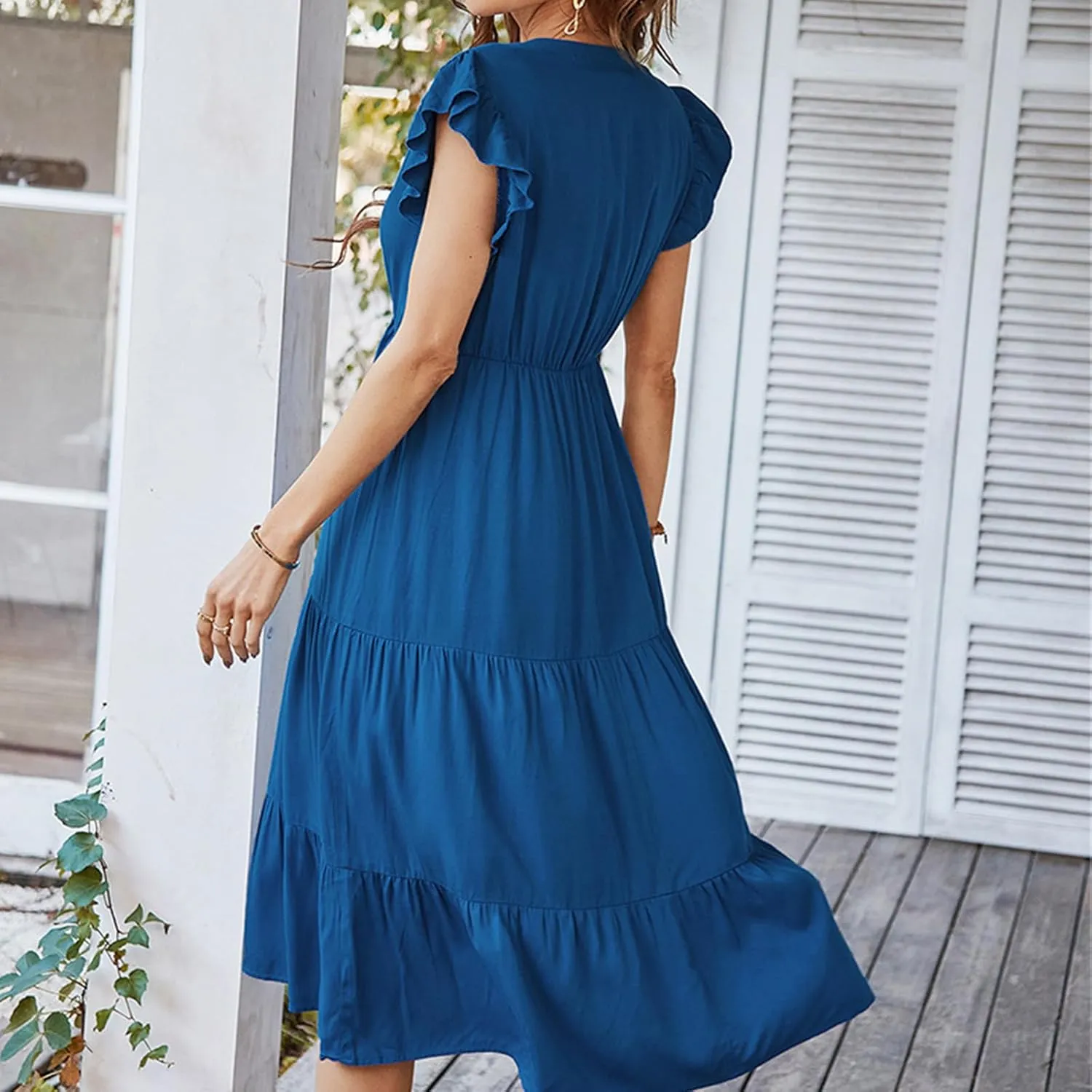Women's Flowy Midi Dress Summer Loose Casual Long Skirt Solid Color V-Neck Lotus Sleeve Date Night Outfit Comfy Dress