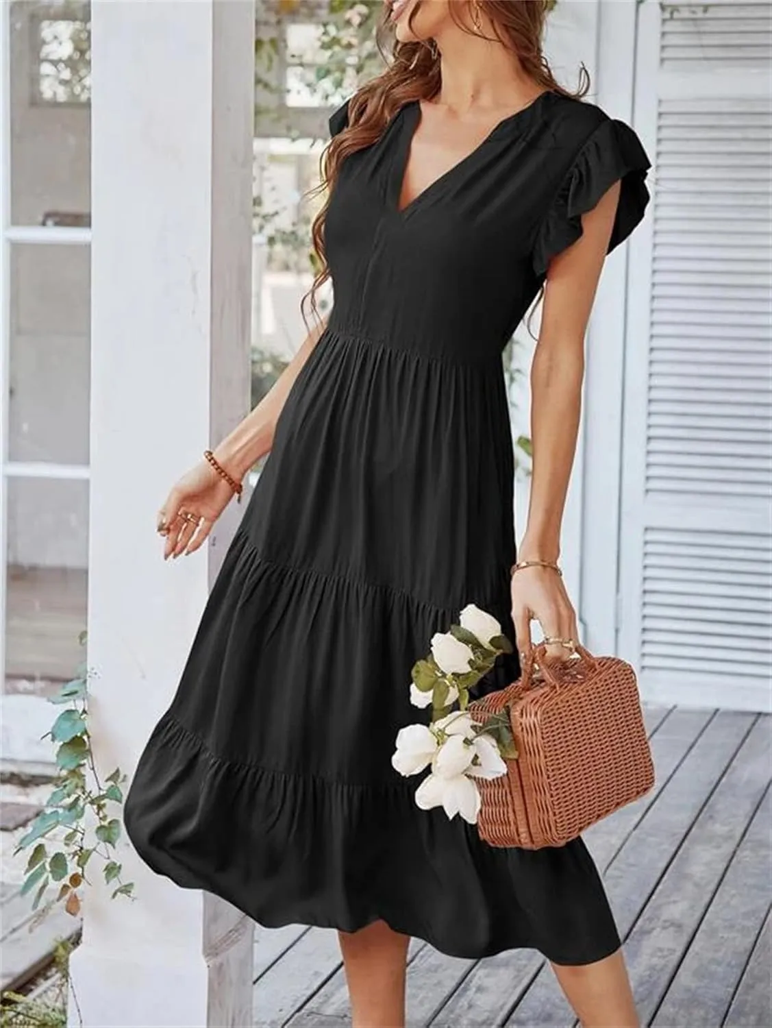 Women's Flowy Midi Dress Summer Loose Casual Long Skirt Solid Color V-Neck Lotus Sleeve Date Night Outfit Comfy Dress